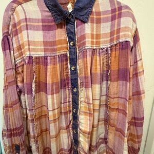 We the Free Multicolor Plaid Shirt with Blue Denim Accents